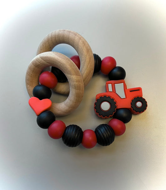 Red Tractor Heart Teether Rattle