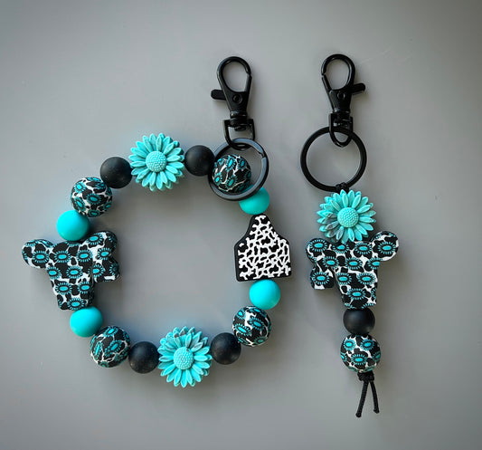 Turquoise Western Cow Print Keychain Set