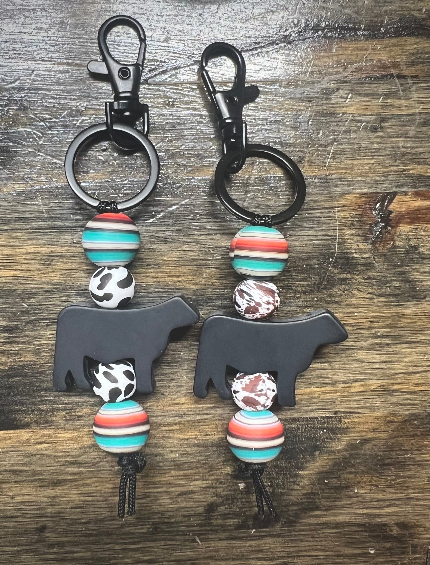 Neutral Serape Cow Print Black Steer Keychain