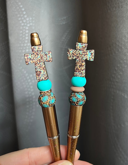 Cheetah Turquoise Concho Stone Cross Pen