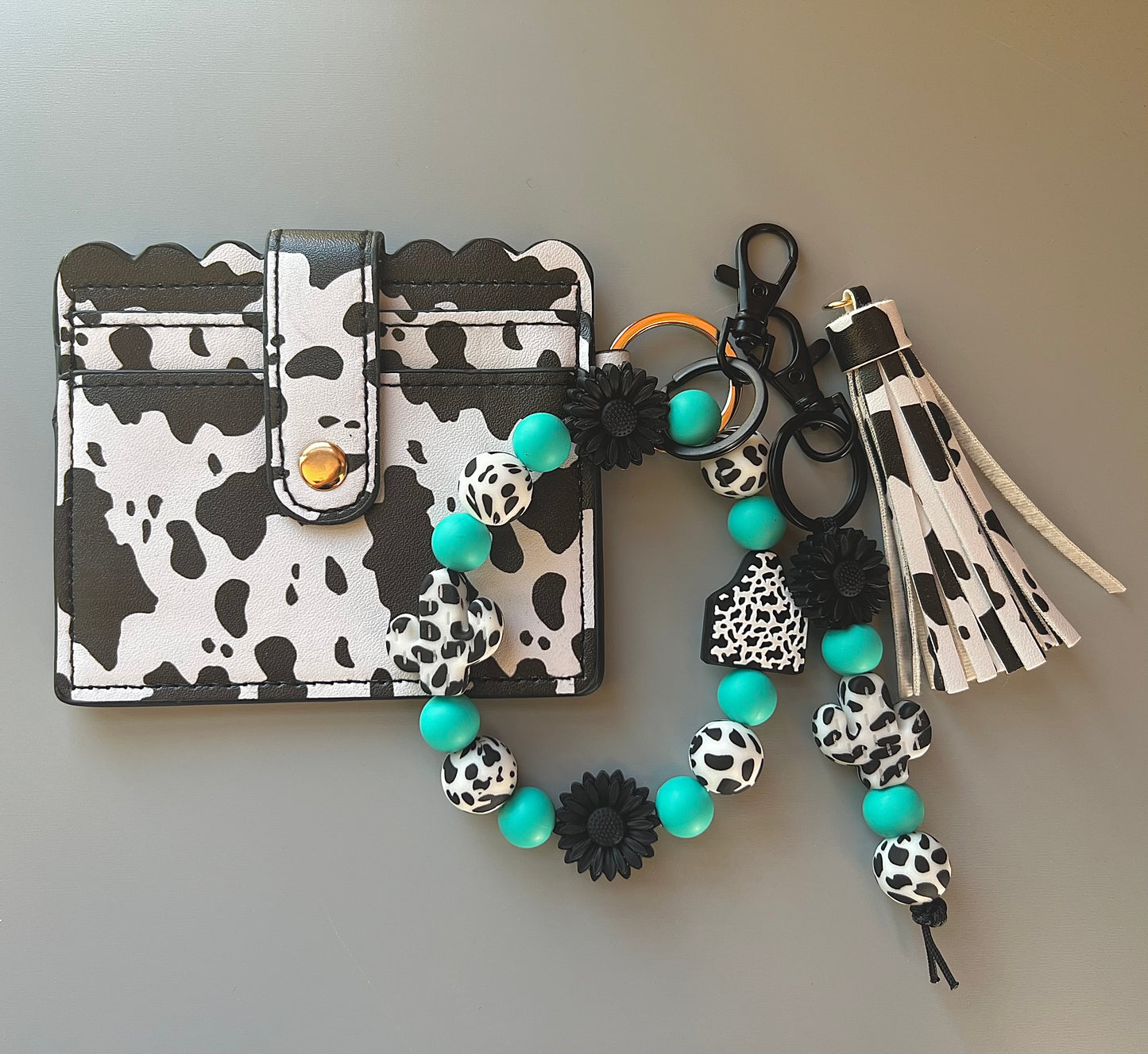 Black Cow Print Cactus Ear Tag Wallet Bundle