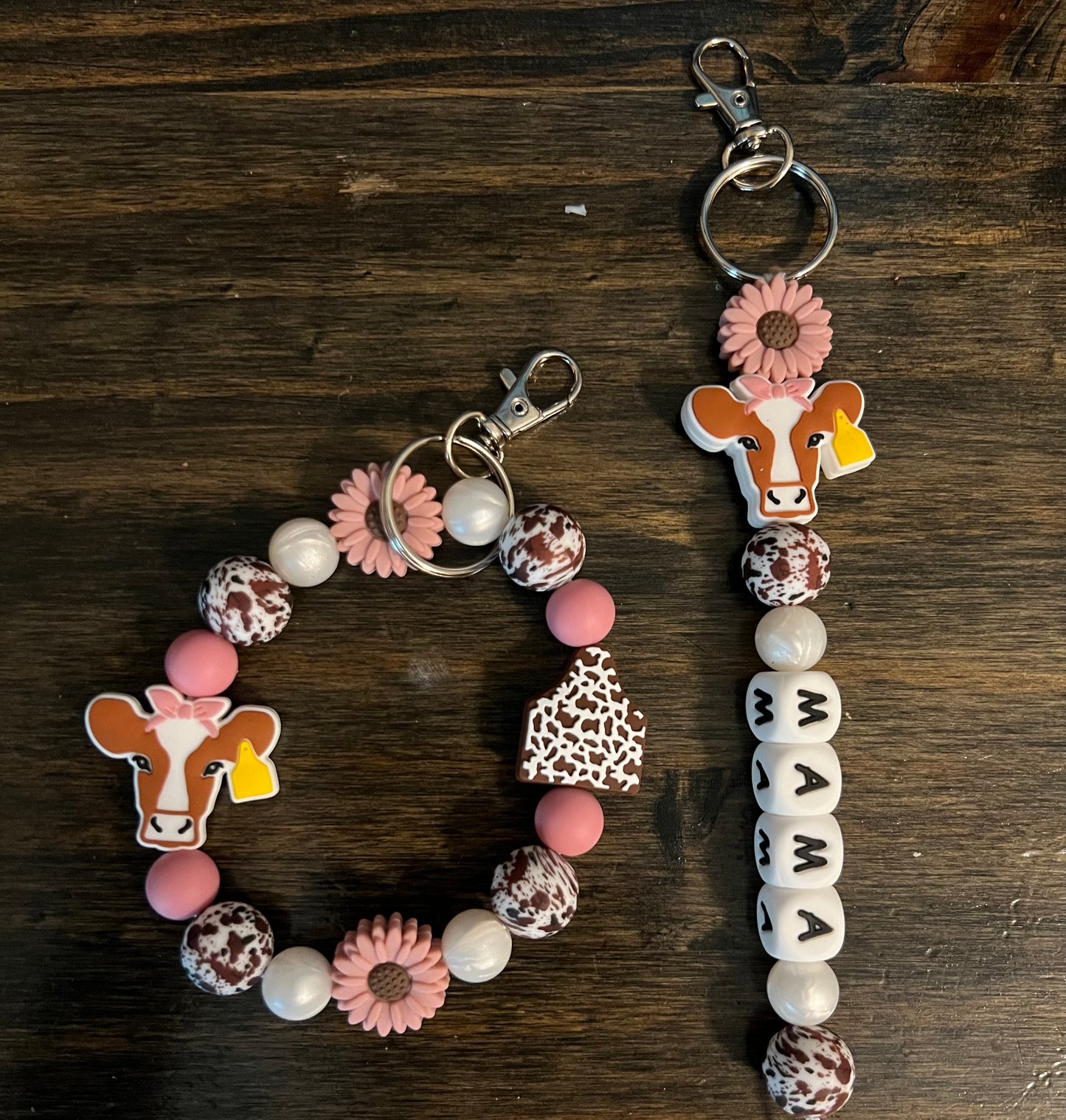 Mauve Brown Cow Mama Keychain Set