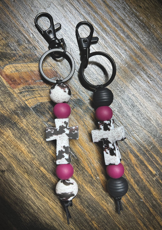 Plum Cowhide Cross Keychain