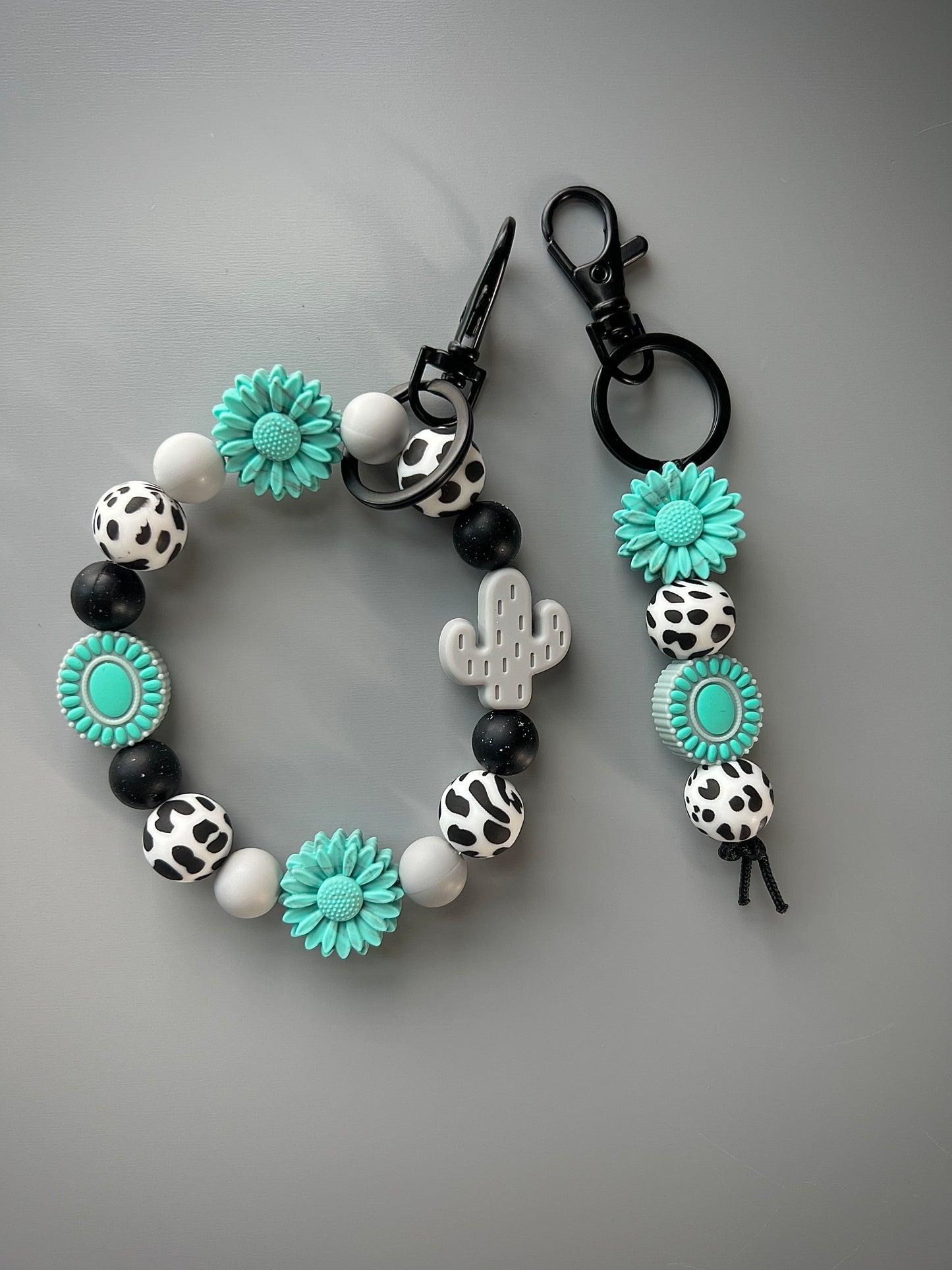 Gray Cactus Turquoise Concho Keychain Set