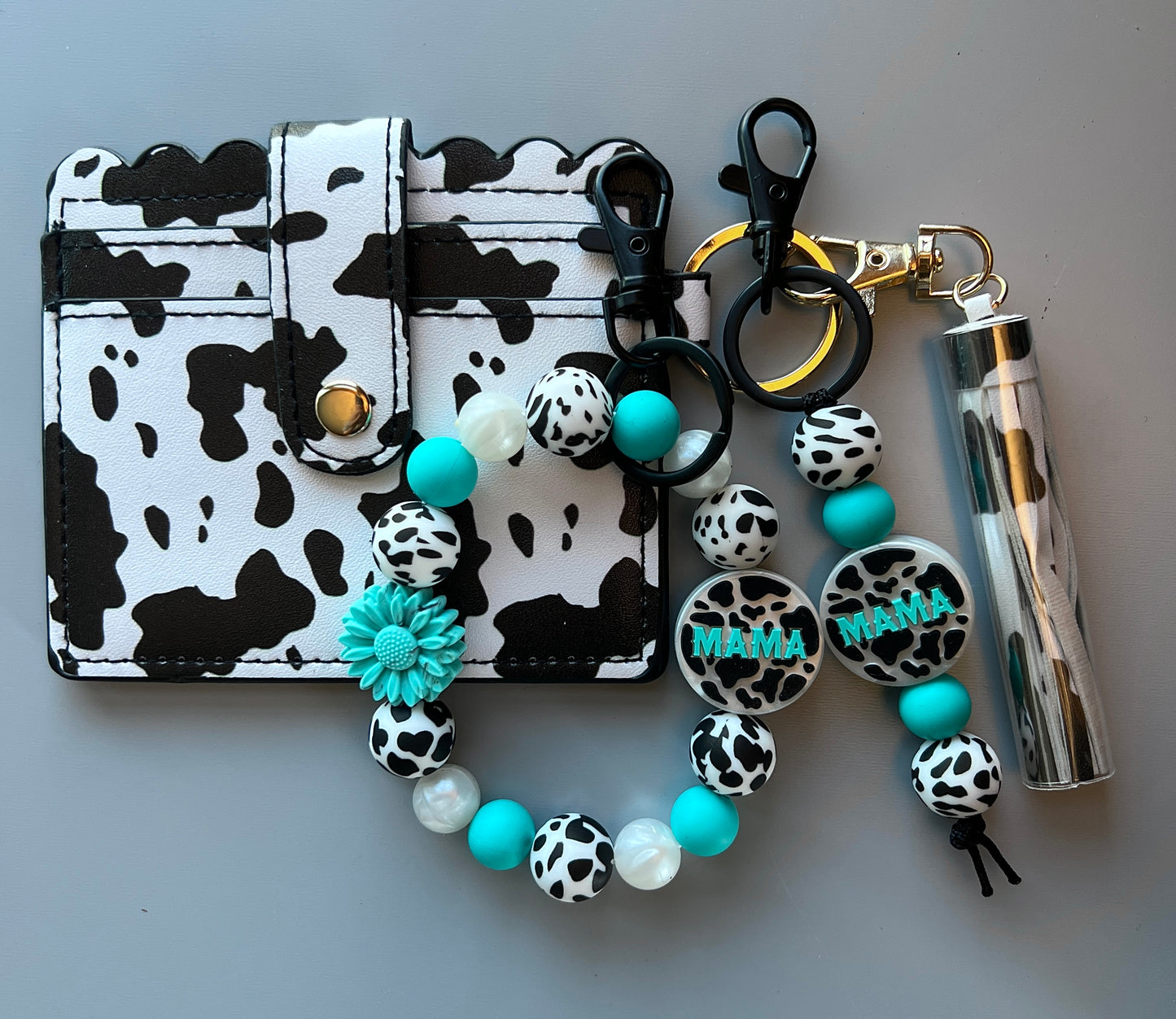 Pearl Turquoise Mama Cow Print Wallet Bundle