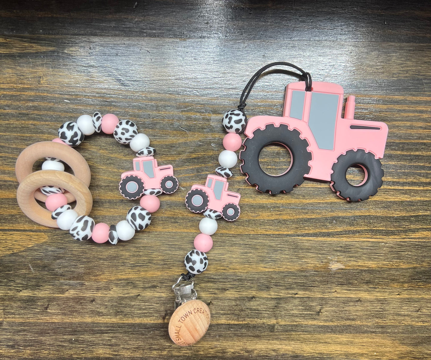 Pink Tractor Teether Set