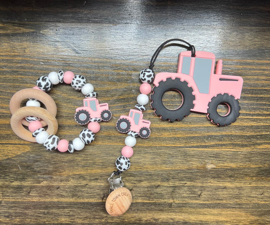 Pink Tractor Teether Set